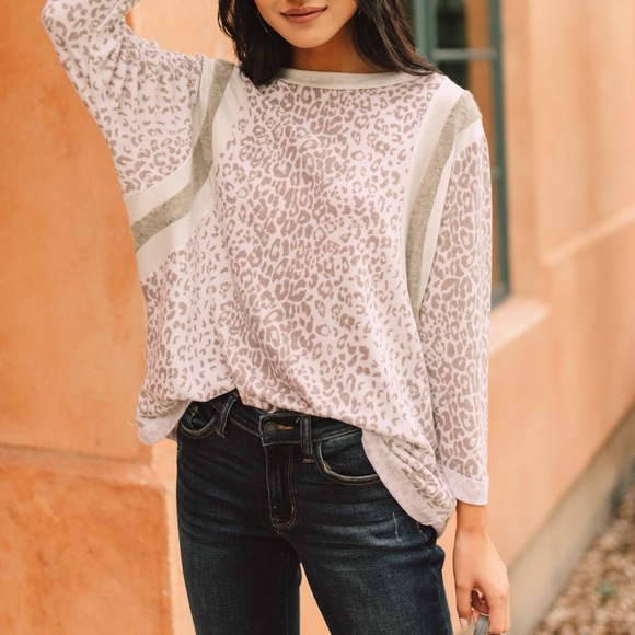 Racing Stripes Animal Print Top in Taupe - Picture 2 of 15